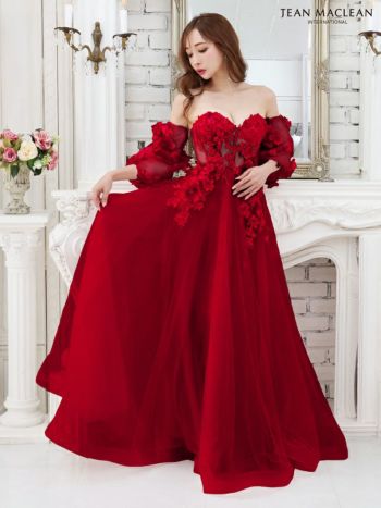 フラワートップパフスリーブ付き ベアトップ オフショルダー バースデー フレアロングドレス