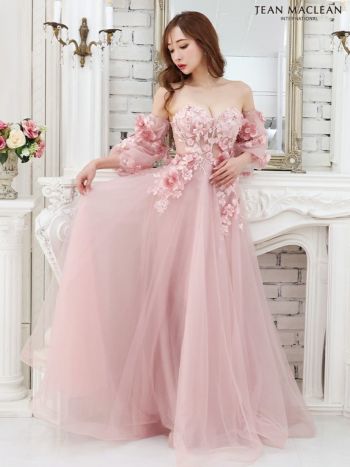 フラワートップパフスリーブ付き ベアトップ オフショルダー バースデー フレアロングドレス