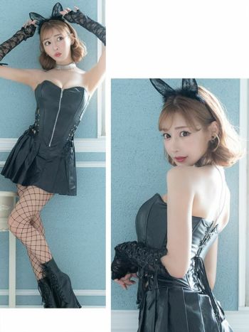 【コスプレ】レザーセットアップジップデザインセクシー黒猫アニマル 衣装5点セット [トップス/スカート/カチューシャ/グローブ/網タイツ]