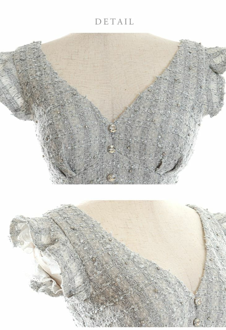 ROBEdeFLEURS ローブドフルール ウエストカット チェック柄 ラメツイード フリルノースリーブ セミタイト ミニドレス[2807-0]