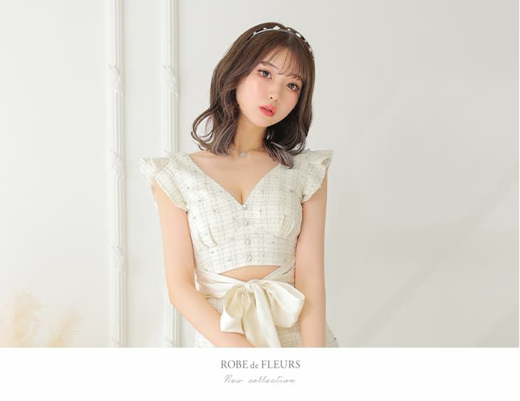 ROBEdeFLEURS ローブドフルール ウエストカット チェック柄 ラメツイード フリルノースリーブ セミタイト ミニドレス[2807-1]