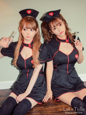 ミニスカート バックリボン ブラック セクシー ナース ハロウィンコスプレ 2点set[ワンピース＋帽子][黒崎みさ/ERENA][825113]