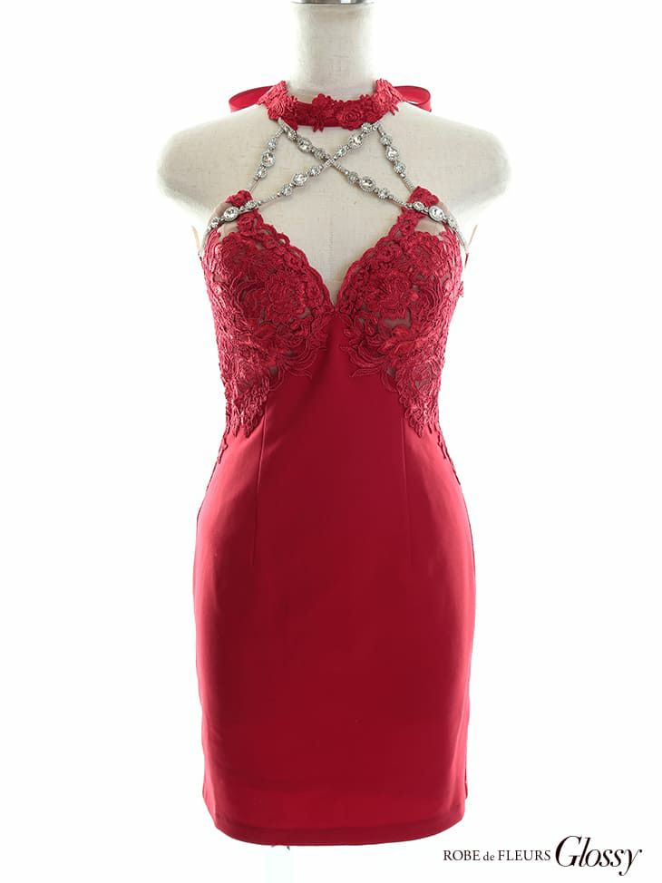 ROBEdeFLEURS Glossy[ローブドフルール グロッシー]クロスビジュ チョーカー ホルターネック ワンカラー ミニドレス(レッド/ブラック/ホワイト/ブルー)[真優川咲][3103-2]