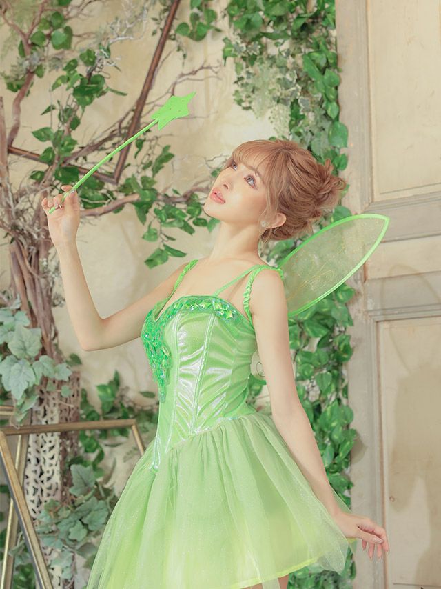 ミニスカート ティンカーベル キャラクター ハロウィンコスプレ3点set [ワンピース+羽根＋マジックステッキ][ライトグリーン][ゆんころ][825608]