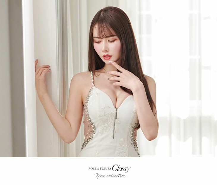 ROBEdeFLEURS Glossy[ローブドフルール グロッシー]フロントジップ 刺繍レース キャミソール ミニドレス(ブルー/ホワイト/ブラック/レッド)[ゆめ][2618-1]