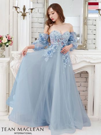 ジャンマクレーン JEANMACLEAN フラワー ベアトップ パフスリーブ付き フレアロングドレス(ピンクベージュ/アイボリー/ブルー)[真優川咲][21227-0]