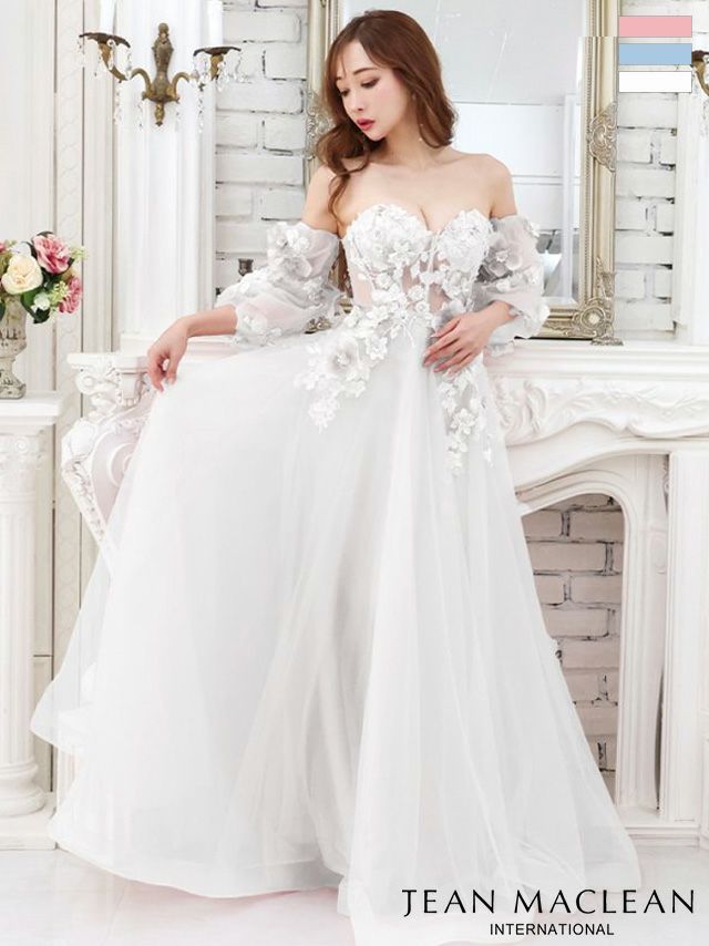 ジャンマクレーン JEANMACLEAN フラワー ベアトップ パフスリーブ付き フレアロングドレス(ピンクベージュ/アイボリー/ブルー)[真優川咲][21227-0]