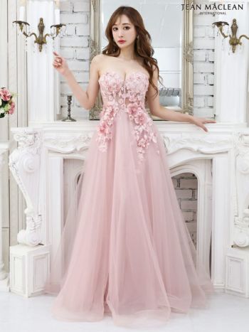 ジャンマクレーン JEANMACLEAN フラワー ベアトップ パフスリーブ付き フレアロングドレス(ピンクベージュ/アイボリー/ブルー)[真優川咲][21227-0]