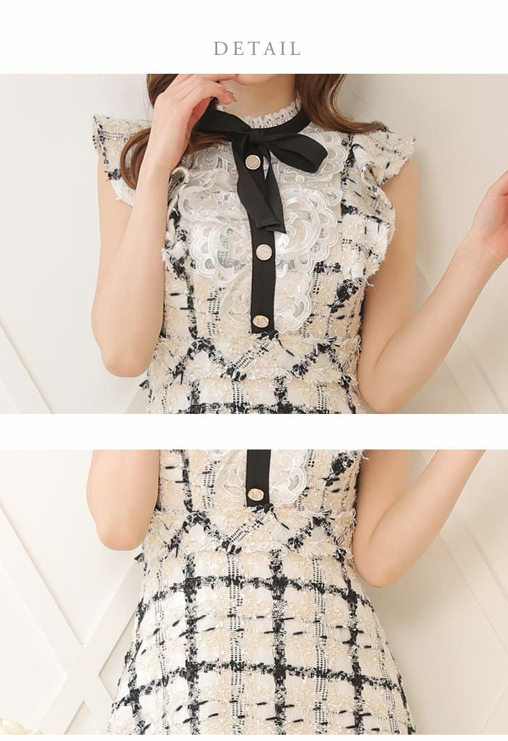 ROBEdeFLEURS ローブドフルール クラシカルリボン ラメツイード フリルノースリーブ ミニドレス[2713-1]