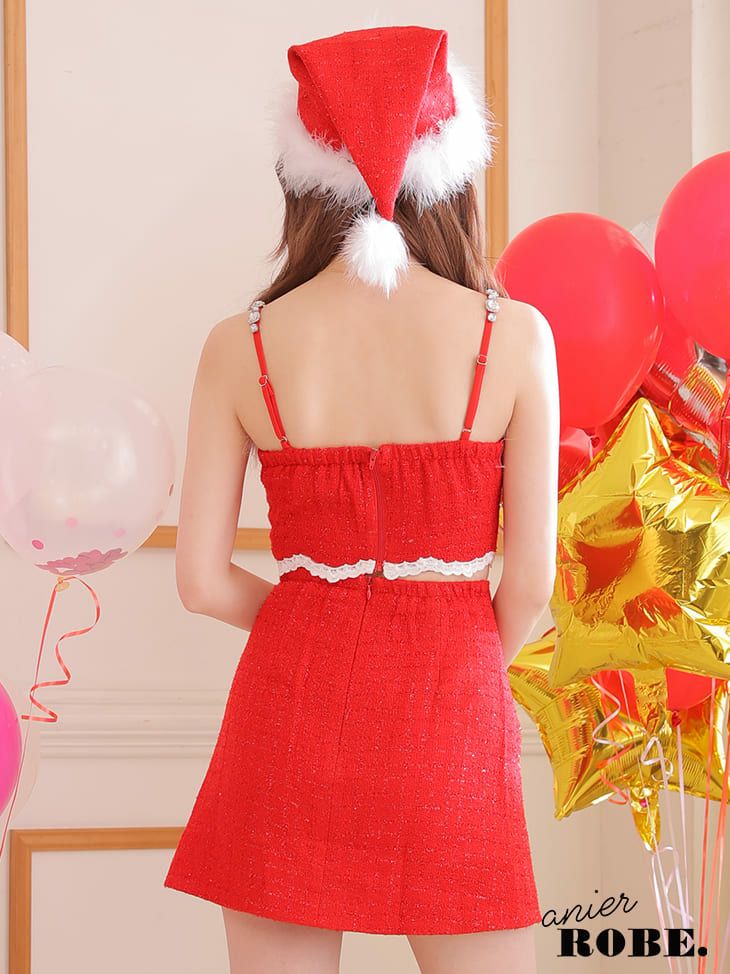 キャミソール レースアップ ビジュー ツイード セットアップ サンタコスドレス