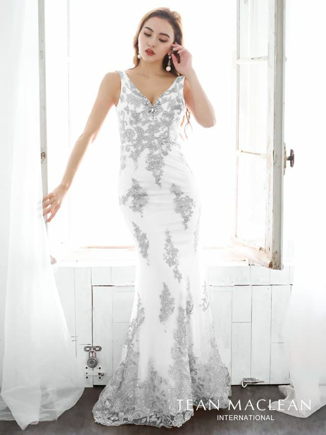 ジャンマクレーン JEANMACLEAN ノースリーブ 刺繍レース スパンコール vネック ロングドレス(アイボリーシルバー/ミントグリーンシルバー)[KAREN][11037]