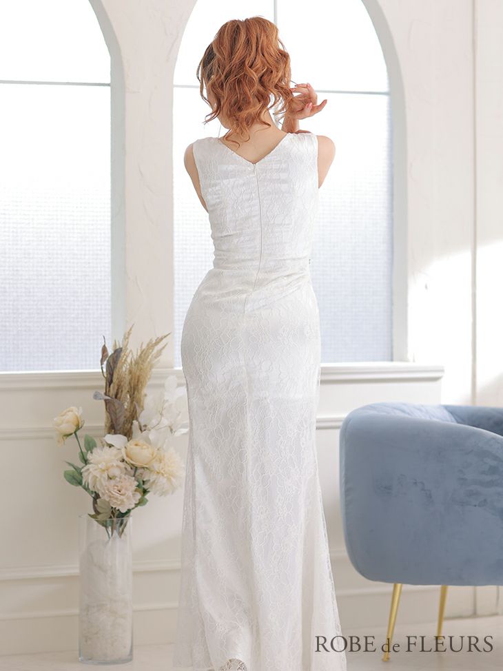 ROBEdeFLEURS [ローブドフルール]立体フラワー 刺繍 レース スリット ビジュー タイト 高級ロングドレス[ホワイト][真優川咲 / キャバドレス着用][XSあり][3113]