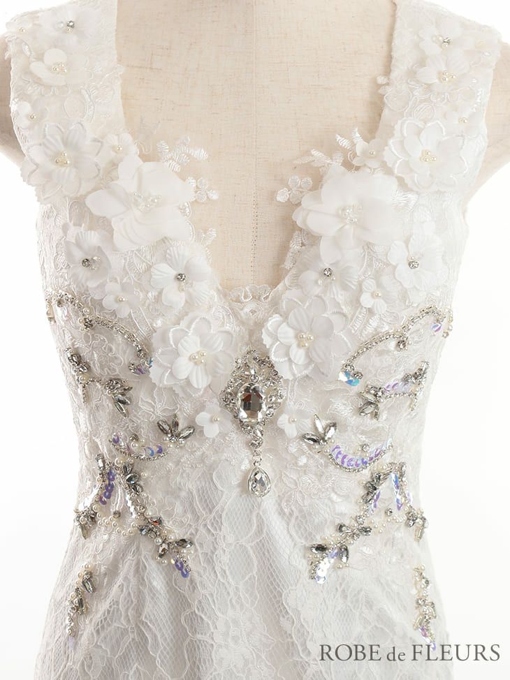 ローブドフルール ROBEdeFLEURS 立体フラワー 刺繍 レース スリット ビジュー ロングドレス[ホワイト/ブルーラベンダー][XSあり][3113-0]