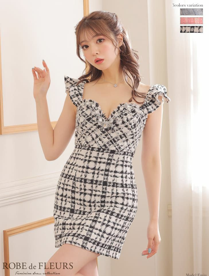 ROBEdeFLEURS [ローブドフルール]大粒ビジュー ラメツイードミニドレス[2655-2]