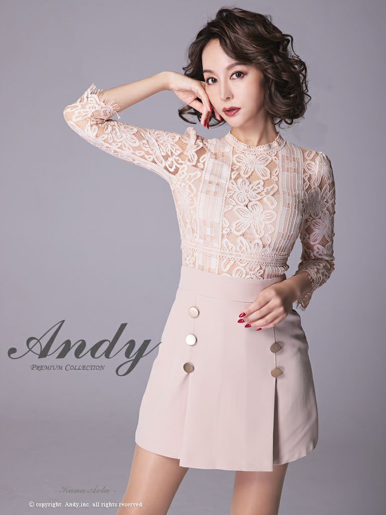 キャバドレス ミニ ドレス ANDY アンディ 刺繍 フラワー レース ゴールド ボタン 切り替え 袖あり プリーツ フレアミニドレス