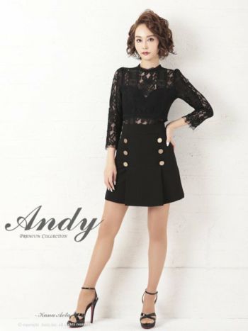 キャバドレス ミニ ドレス ANDY アンディ 刺繍 フラワー レース ゴールド ボタン 切り替え 袖あり プリーツ フレアミニドレス