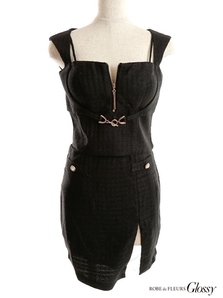 ROBEdeFLEURS Glossy[ローブドフルール グロッシー]チェック ツイード フロントジップ ノースリーブ セットアップ タイト 高級ミニドレス[XSあり][めぐりっぷ/キャバドレス着用][2734]