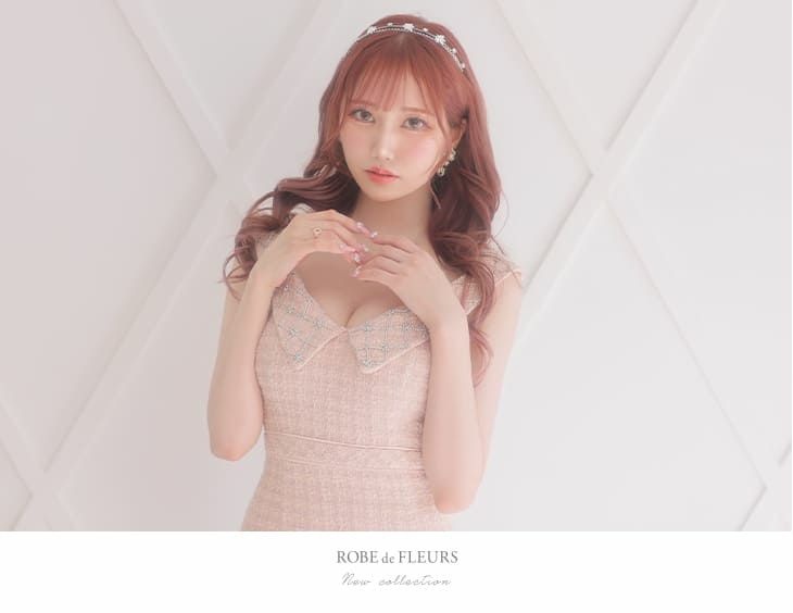 ROBE de FLEURS[ローブドフルール]襟風 オフショルダー ツイード マーメイド 高級ミニドレス[齋藤あみり/キャバドレス着用][2811-1]