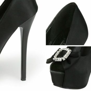 キャバヒール Rechercher[ルシェルシェ] サテン ビジュー リボン付 オープントゥ キャバ パンプス[ブラック][22.0ｃｍ～25.0ｃｍ][14cmヒール]