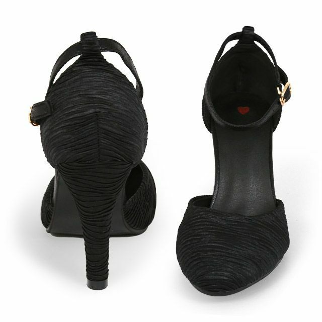 キャバヒール Rechercher[ルシェルシェ] クリンクル デザイン アンクル ストラップ ローヒール キャバ パンプス[ブラック][22.0ｃｍ～25.５ｃｍ][９cmヒール]