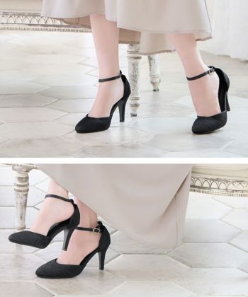 キャバヒール Rechercher[ルシェルシェ] クリンクル デザイン アンクル ストラップ ローヒール キャバ パンプス[ブラック][22.0ｃｍ～25.５ｃｍ][９cmヒール]