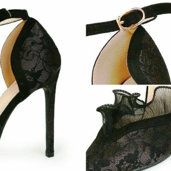 【Rechercher/ルシェルシェ】ブラックフリルアンクルストラップパンプス (ブラック×ブラウン)