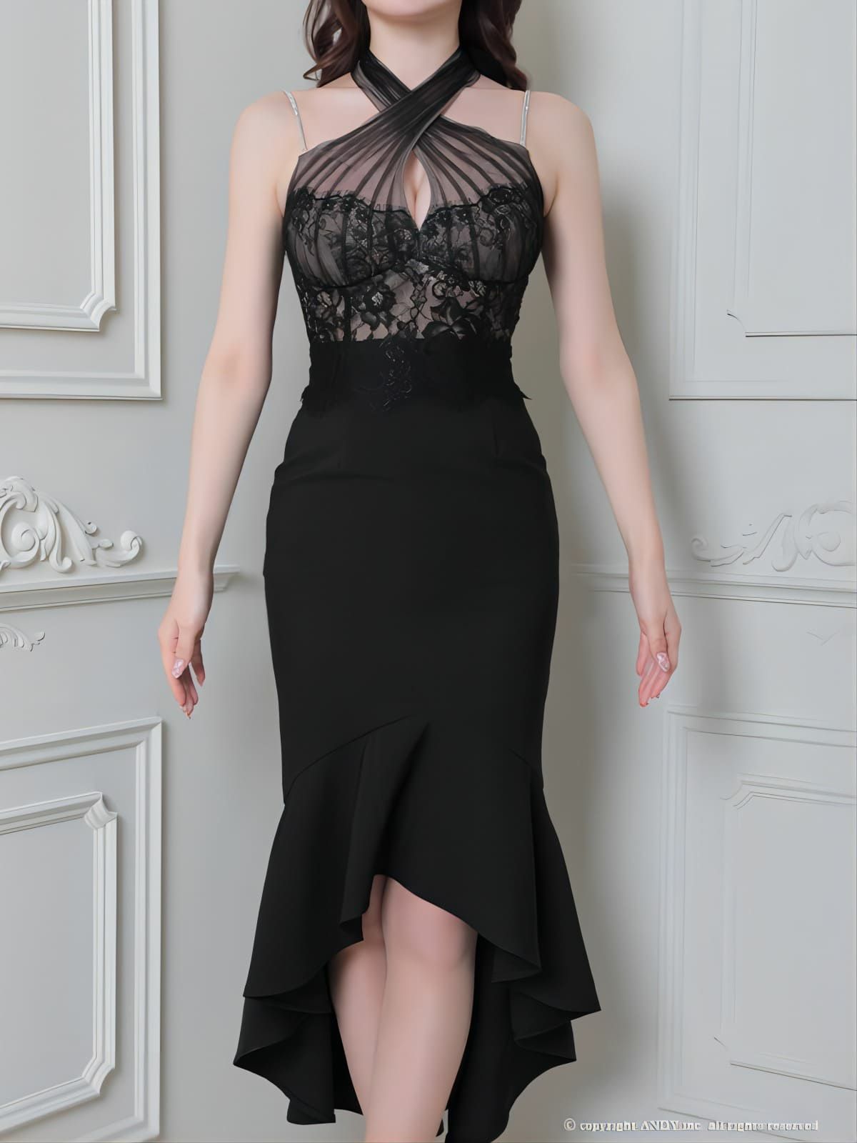 an[アン]クロスホルターネック バックリボン ワンカラー マーメイド 高級ロングテールドレス[ブラック][ゆめ/キャバドレス着用][3379]