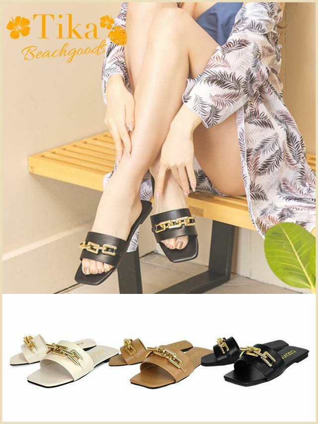 ゴールド チェーン モチーフ フラット ローヒール サンダル [みゆう/サンダル着用]