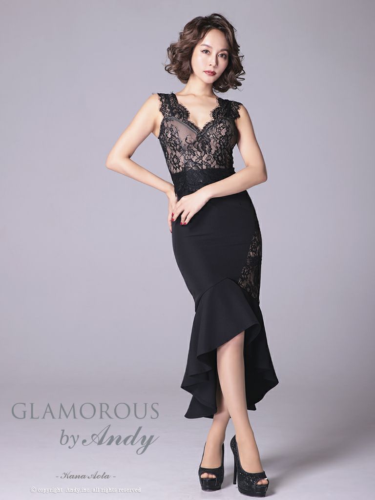 Andy GLAMOROUS[アンディグラマラス]フリル マーメイド 刺繍 レース ノースリーブ ミディアム 高級ひざ丈ドレス[ホワイト][青田夏奈/キャバドレス着用][3384]