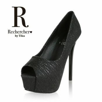 Rechercher[ルシェルシェ]ラメ ランダム ボーダー オープントゥパンプス(ブラック)(22.5cm/25cmあり)(14cmヒール)[1202-4bk]