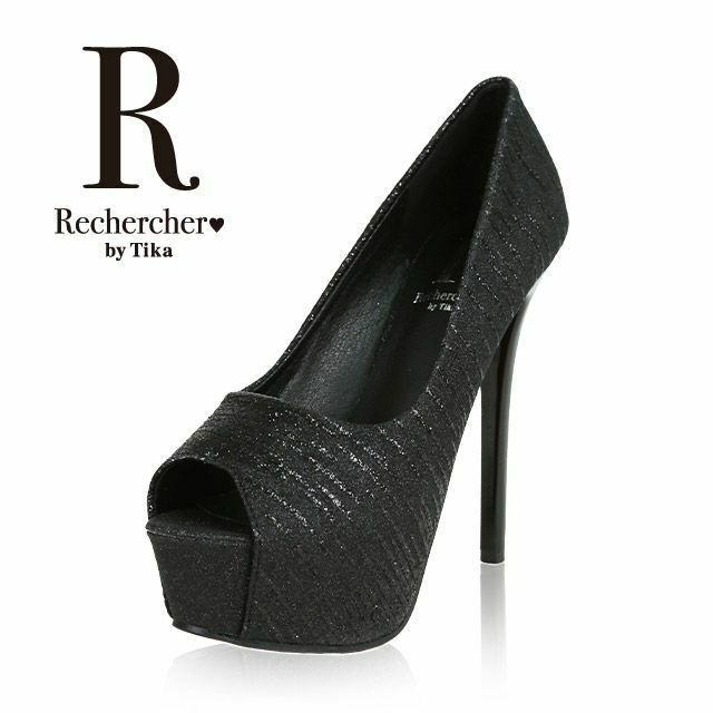 Rechercher[ルシェルシェ]ラメ ランダム ボーダー オープントゥパンプス(ブラック)(22.5cm/25cmあり)(14cmヒール)[1202-4bk]