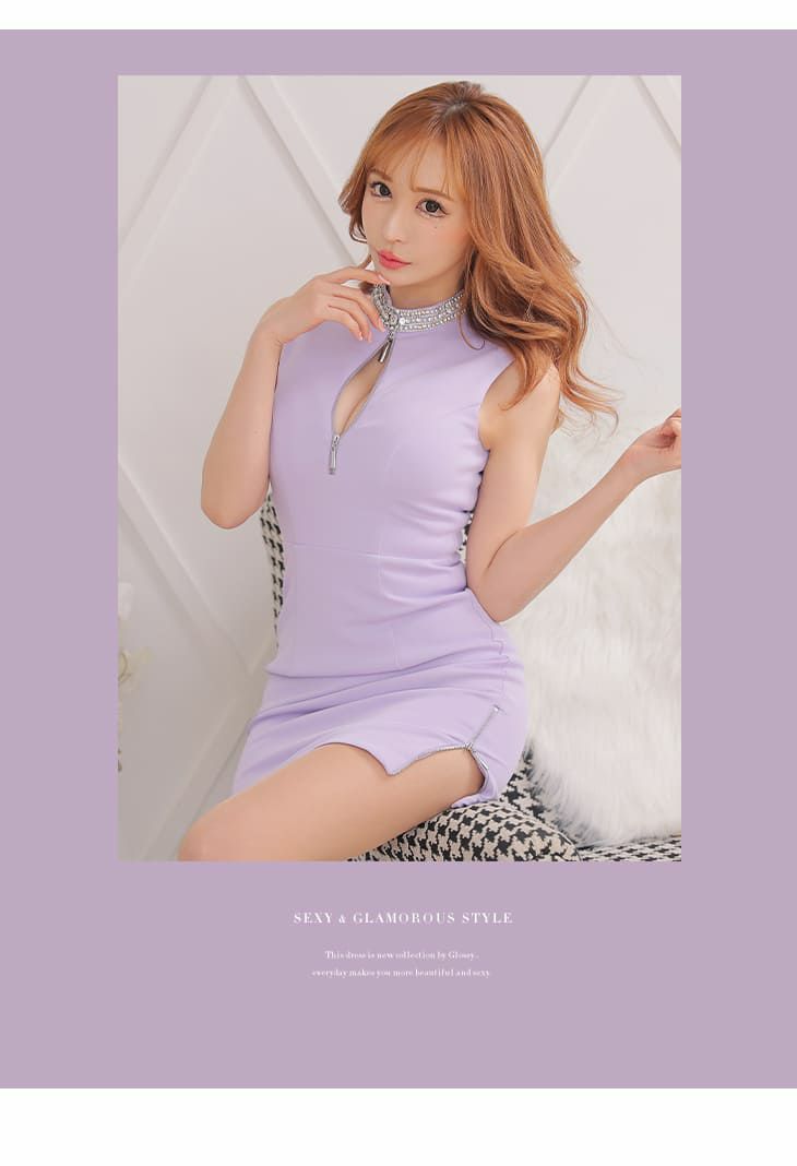 ROBEdeFLEURS Glossy[ローブドフルール グロッシー]フロントジップ ネックビジュ ワンカラー ノースリーブ タイト 高級ミニドレス[トランキルブルー][XSあり][真優川咲/キャバドレス着用][2836-0]