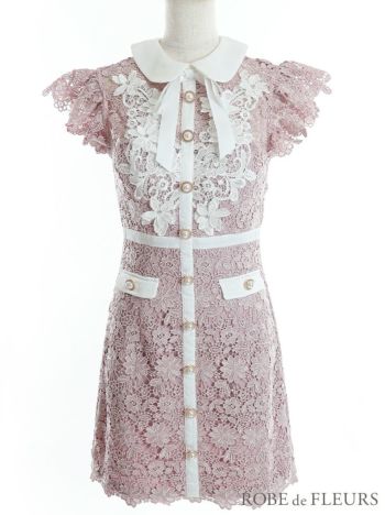 ROBE de FLEURS[ローブドフルール]リボン 襟付き バイカラー フラワー刺繍レース 半袖 セミタイト 高級ミニドレス[ピンク][斎藤あみり/キャバドレス着用][3309]