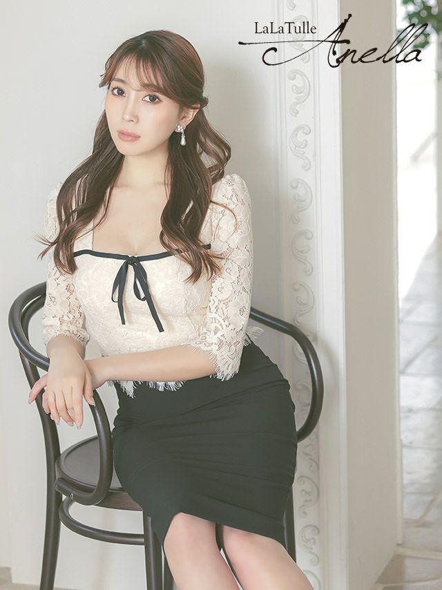 韓国ドレス　ビッグフラワーレース×肩リボンノースリーブタイトミディドレス