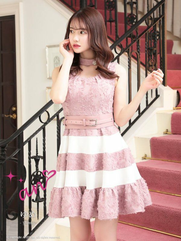 an[アン]ボーダー ベルト チョーカー セット ノースリーブ Aライン フレア 高級ミニドレス[ブラックxベージュ][ゆめ/キャバドレス着用][3283]