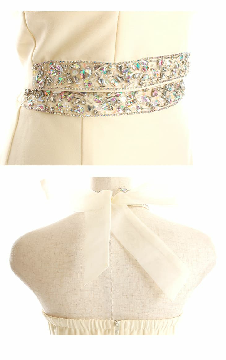 ROBE de FLEURS[ローブドフルール]ビジュホルター リボン ワンカラー セットアップ マーメイド タイト 高級ミニドレス[ホワイト][めぐりっぷ/キャバドレス着用][3202-0]