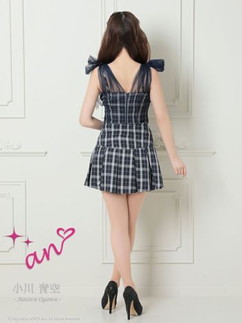 an[アン]チェック柄 ショルダー リボン チュール Aライン セットアップ プリーツ スカート フレア 高級ミニドレス[ブラック][3412]