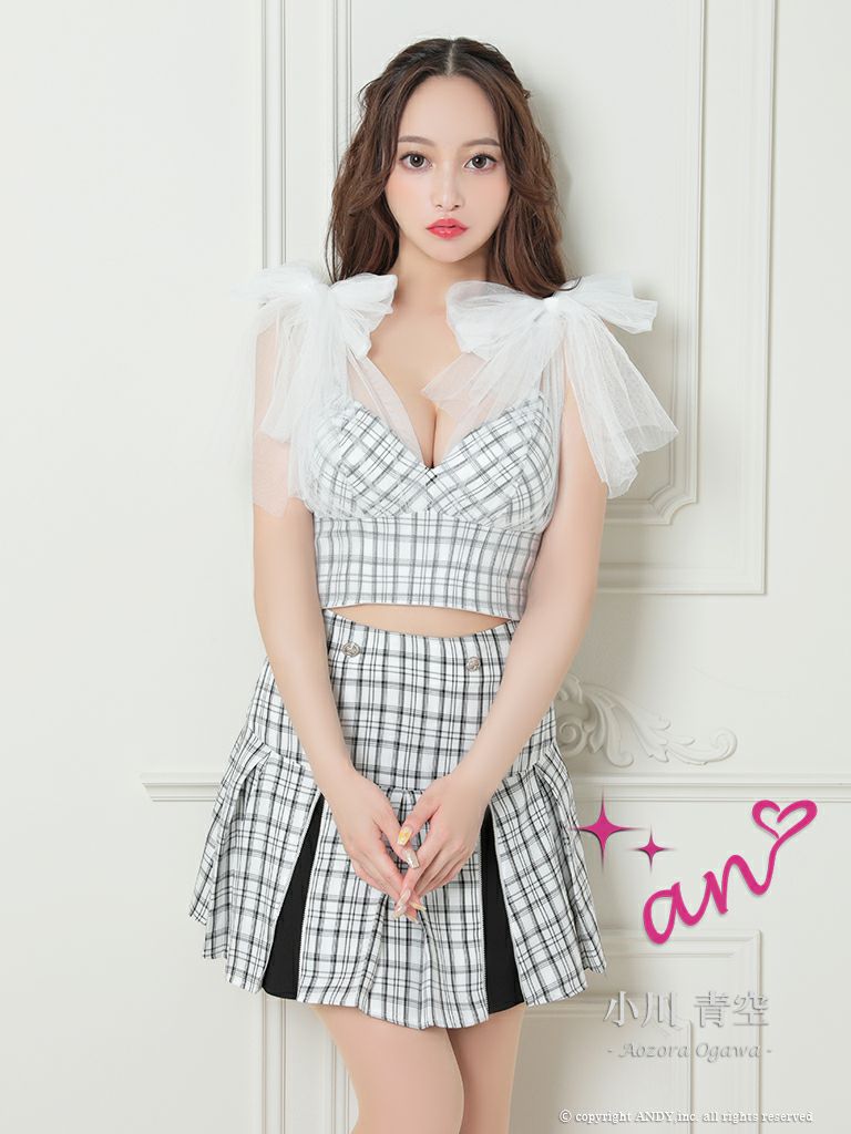 an/アン】チェック柄 キャミソール ショルダーリボン チュール Aライン  