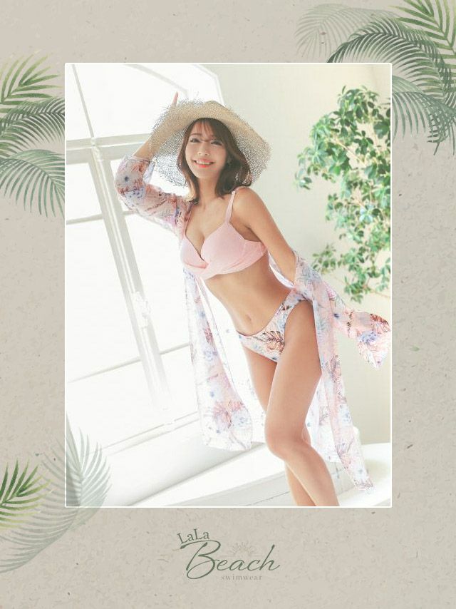 花柄 ブラウス ガウン付き ボタニカル タックデザイン 三角 ビキニ[ピンク][橋本梨菜/水着着用]