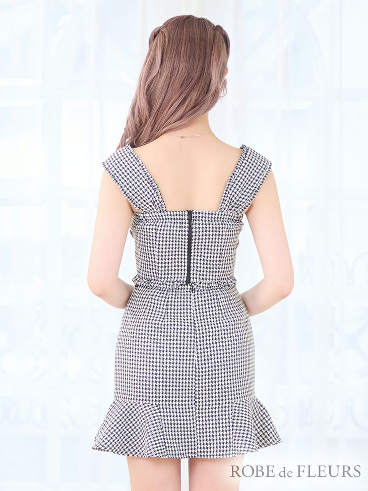 ROBE de FLEURS[ローブドフルール]リボン ビジュー チェック柄 ツイード ノースリーブ セットアップ タイト 高級ミニドレス[ブラック][えみう/キャバドレス着用][2901]