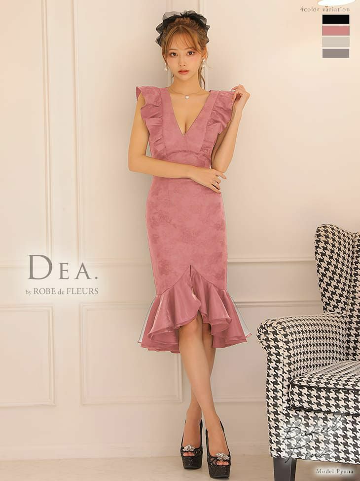 DEA by ROBEdeFLEURS[ディア バイ ローブドフルール]フリル ノースリーブ ジャガード ワンカラー マーメイド ミディアム タイト 高級ひざ丈ドレス[グレー][Lあり][れみ/キャバドレス着用][2459-2]