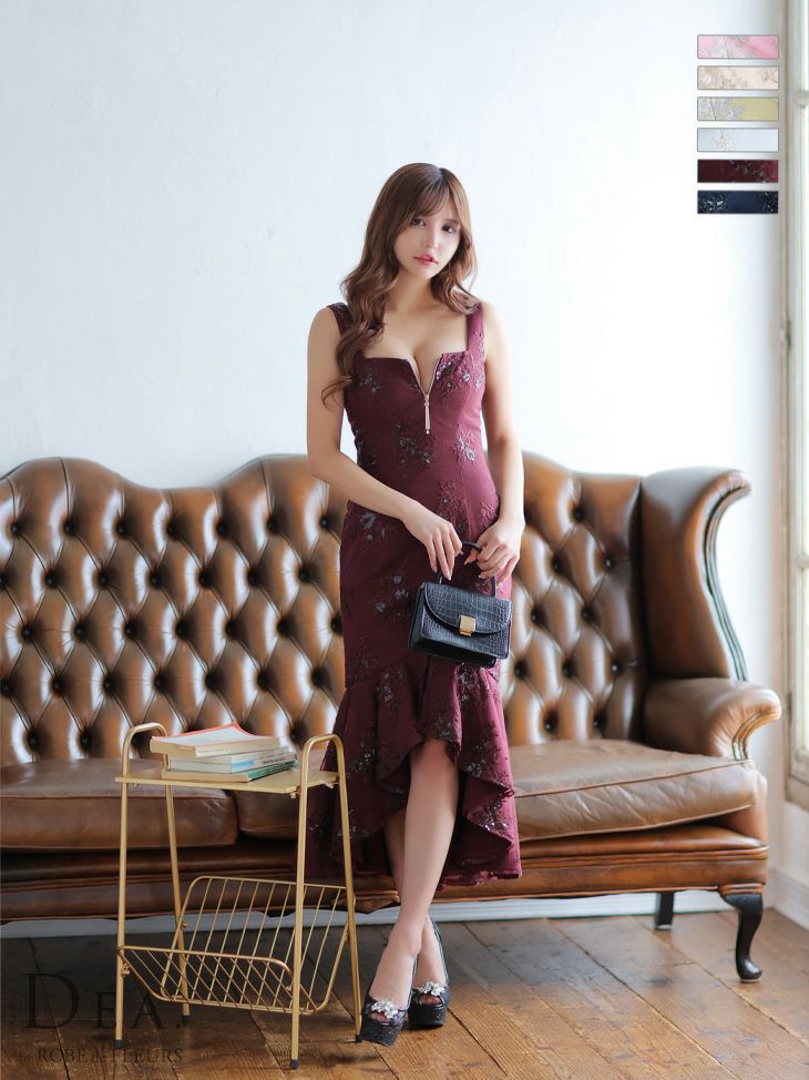 DEA by ROBEdeFLEURS[ディア バイ ローブドフルール]花柄刺繍レース フロントジップ ノースリーブ マーメイド タイト 高級ひざ丈ドレス[アイボリー][Lあり][れみ/キャバドレス着用][2931]