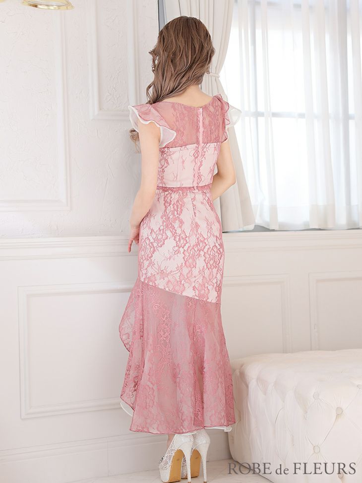 ROBE de FLEURS[ローブドフルール]レース 刺繍 オーガンジー バストチャーム フリル ノースリーブ セットアップ マーメイド タイト 高級ロングドレス[ピンク][めぐりっぷ/キャバドレス着用][2912]