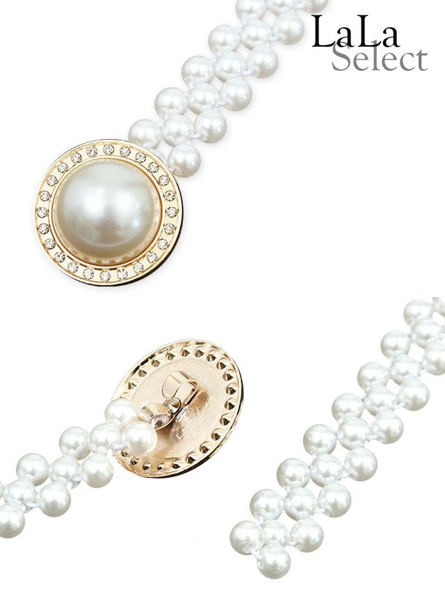 [浴衣飾り帯紐] ゴールドフレーム付きパールビジュー飾り帯紐(ホワイト)