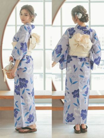 [浴衣]淡藤色百合柄浴衣3点SET[浴衣+作り帯+下駄][せいせい/浴衣着用]