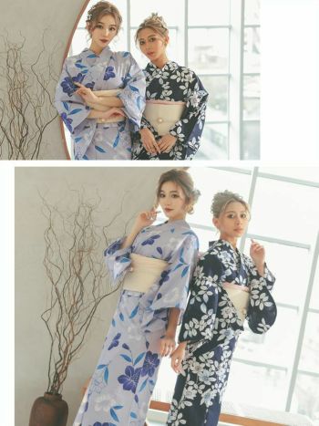 [浴衣]紺地×小花柄 ゆかた3点セット[浴衣+作り帯+下駄][松葉愛海着用]