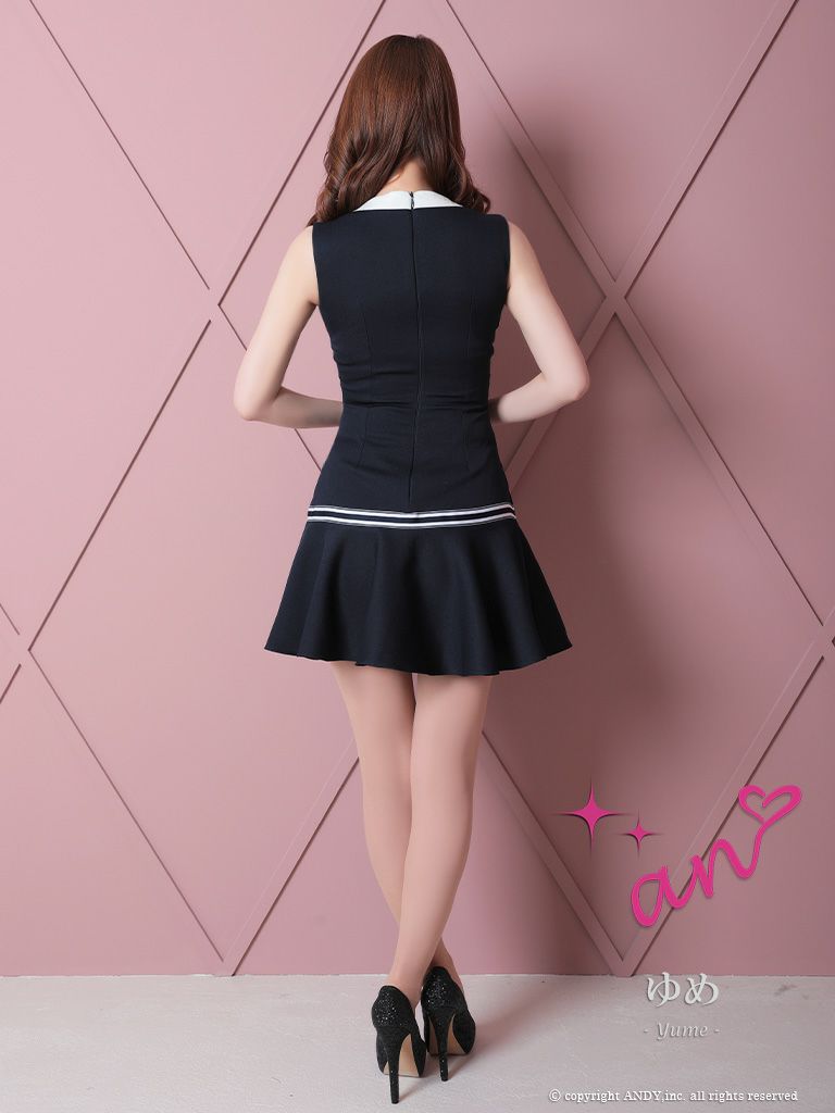 an[アン]バイカラー 裾フリル フレア ボタン スクエアネック ミニ 高級ミニドレス[ネイビー][ゆめ/キャバドレス着用][3404-0]