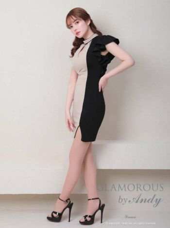 Andy GLAMOROUS[アンディグラマラス]ハイネック バイカラー カットアウト フリル タイト 高級 ミニドレス[ベージュ×ブラック][ゆめ/キャバドレス着用][763]