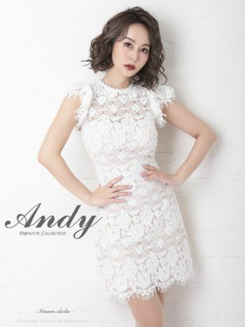 Andy[アンディ]ハイネック シアー フラワーレース ワンカラー 半袖 台形スカート 高級ミニドレス[ホワイトベージュ][青田夏奈/キャバドレス着用][2633]