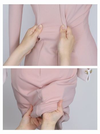 Anella[アネラ]バイカラー ビック襟付き タイト 高級ひざ丈ドレス[ピンク][Lあり][一条響 / キャバドレス着用]